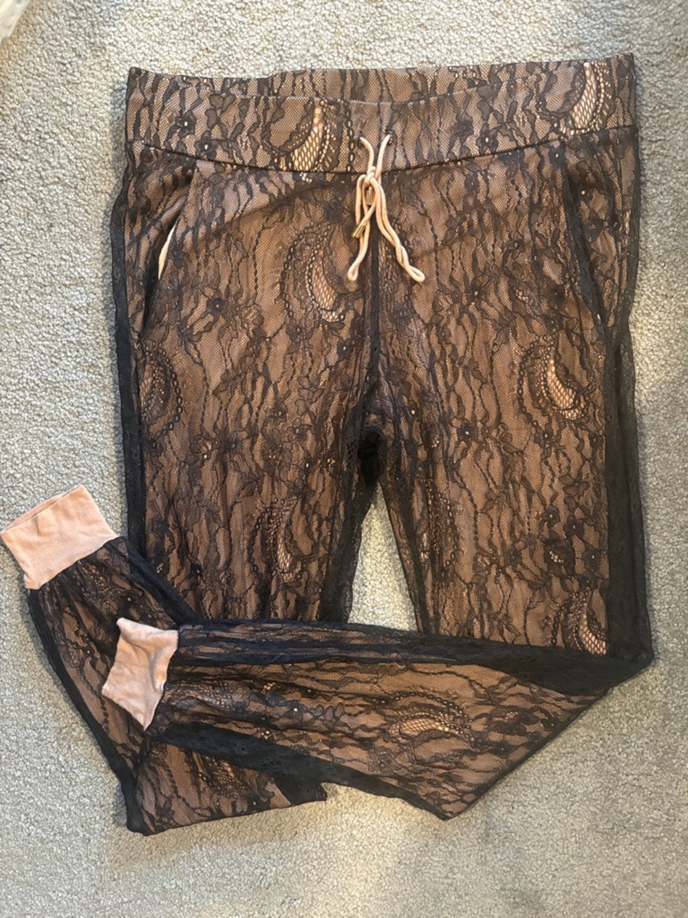 NWOT Haute Hippie Black Lace Overlay with Nude Lining Joggers. Size small
